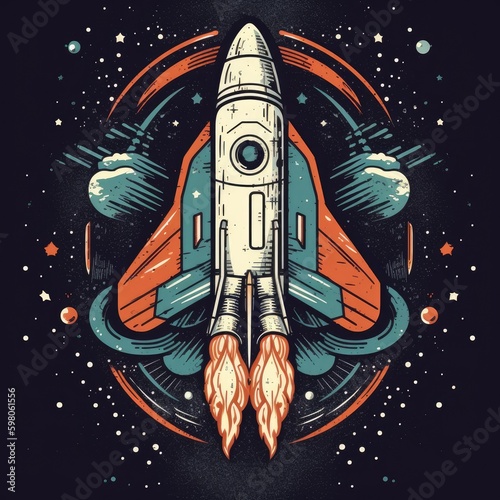 retro rocket, t-shirt design, space theme, 2d, vector, flat, no foreground objects, pure random background, hd. generative ai