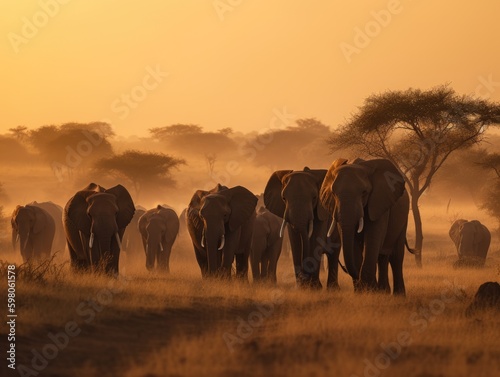 Golden Sunset Safari  Majestic Elephants Roaming the African Savanna