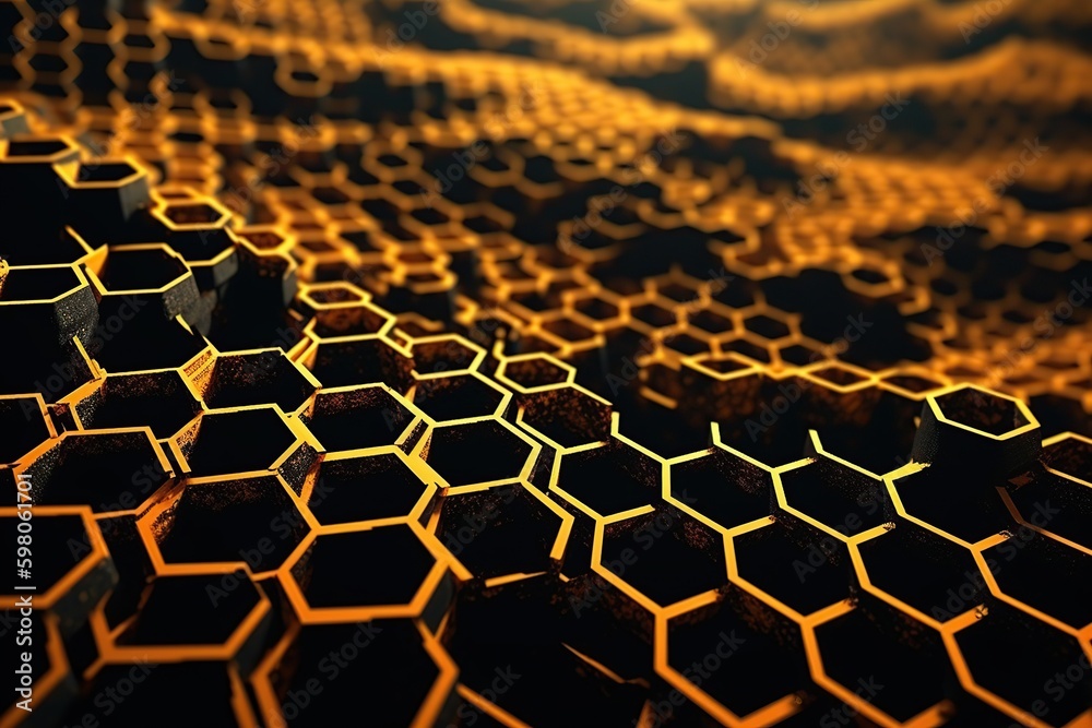 Network connection concept gold honeycomb shiny background. Futuristic Abstract Geometric Background Design Made with Generative Space Illustration AI Scy fi