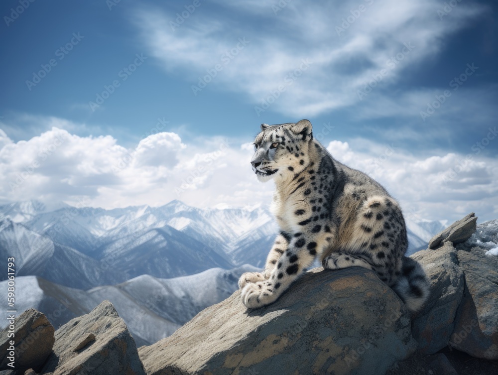 Fototapeta premium Majestic Snow Leopard overlooking the Himalayas: An endangered beauty