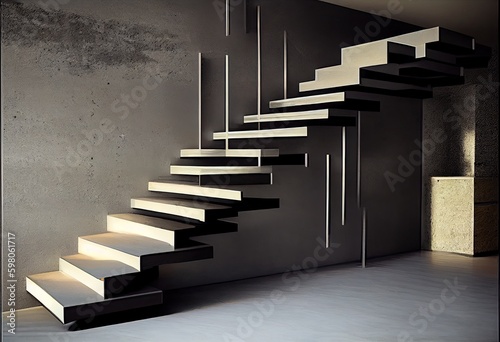 sophisticated modern staircase, black steel guardrail with glass in between. generative ai