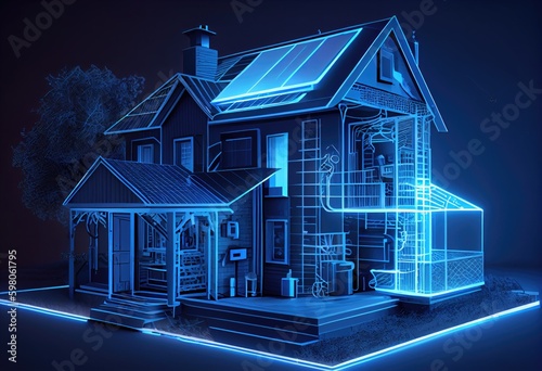 Smart house with solar panels, sketch in 3D with infographics in blue neon light. Project of home with security system, smart lightning, energy efficient. generative ai