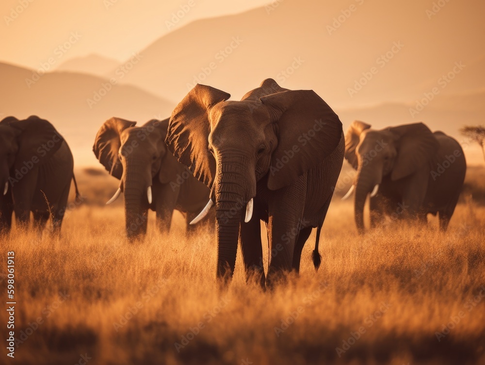 Elephants Grazing Against Mount Kilimanjaro Backdrop in Amboseli National Park