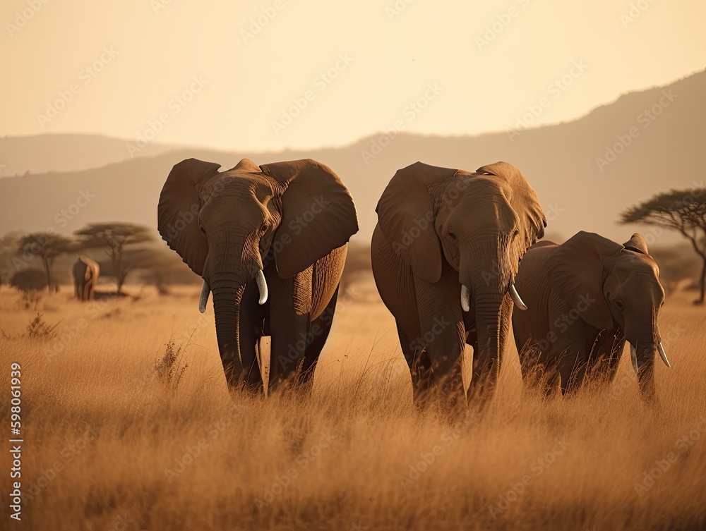 Safari Encounter: Majestic Elephant Family Grazing in African Savanna