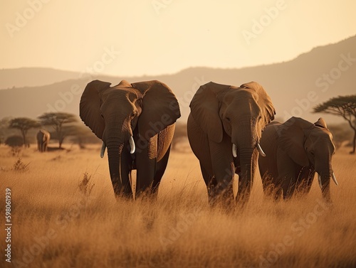 Safari Encounter: Majestic Elephant Family Grazing in African Savanna