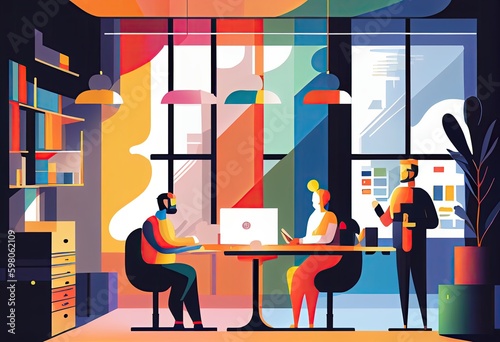 tech illustration, meeting company office, simple minimal, by slack and dropbox, style of behance, vector, 2d flat, bright colours. generative ai