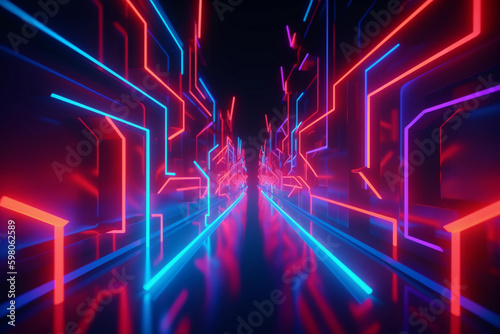 Abstract Neon Geometric Background, Colorful Glowing Lines, Futuristic Technology Wallpaper 3D Render