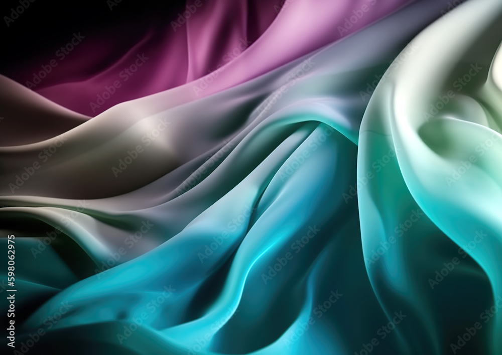 Obraz premium Modern wavy silk abstract background in many colors. Wavy silk material for background. Additional wallpaper, background or web in 3D design. Illustration generated by AI