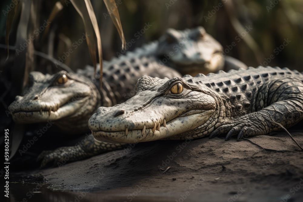 Obraz premium Crocodile, Crocodiles Group, Wild life, Wild Animals, Safari, Animal, Made by AI, AI generated, Artificial intelligence 