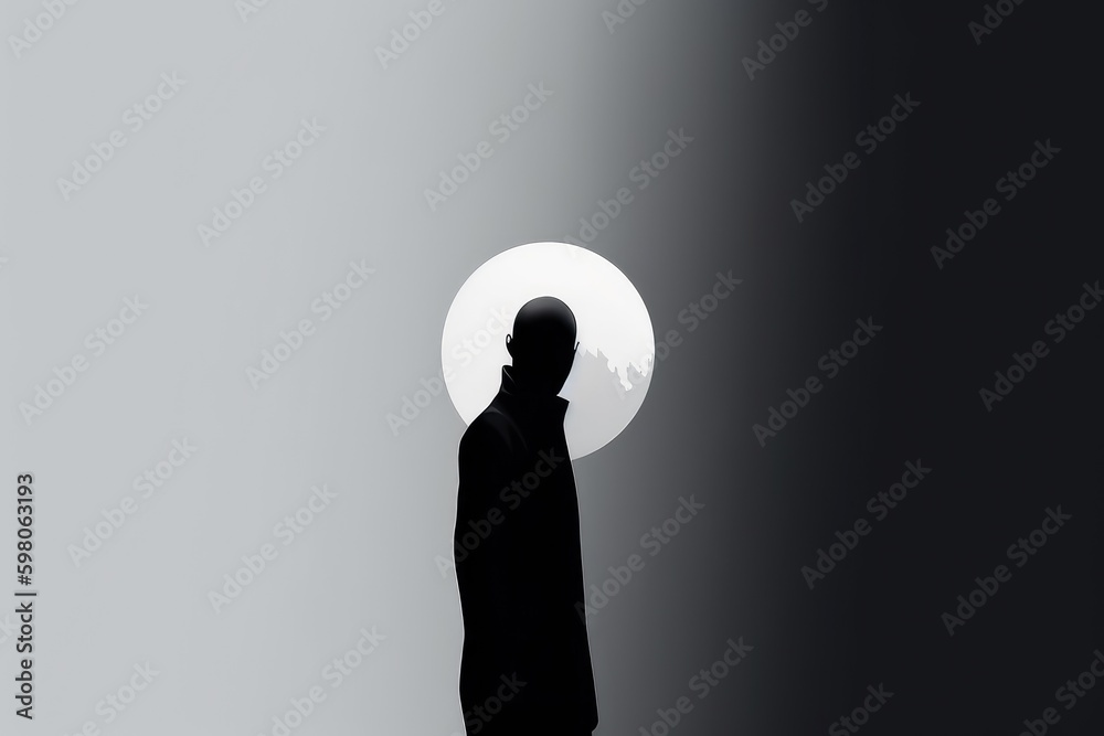 Obraz premium Silhouette of a person in front of the sun, japanese style minimalist art. Generative AI.