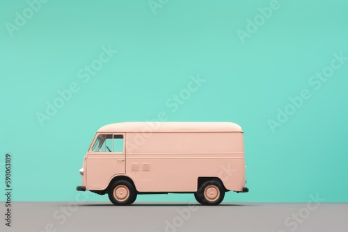 Van on blue background, Ice cream truck van, minimalist photography. Generative AI.