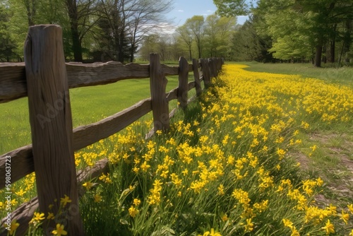 A wooden fence surrounding a field of yellow flowers