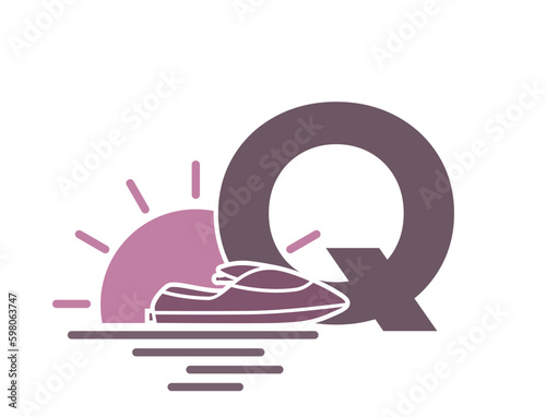 letter q with sea, sun and jet ski. vacation alphabet logotype. summer and exotic tourism design. vector color image
