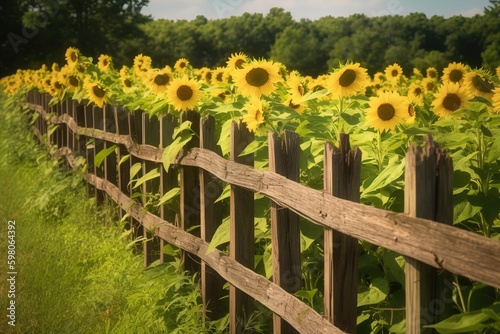 A wooden fence surrounding a field of yellow sunflowers
