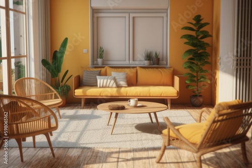 cozy living room with modern furniture and a touch of greenery. Generative AI Generative AI