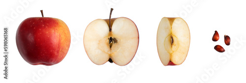 Top view of isolated cut red fresh apple. Set of whole, half, quarter and seeds of red apple