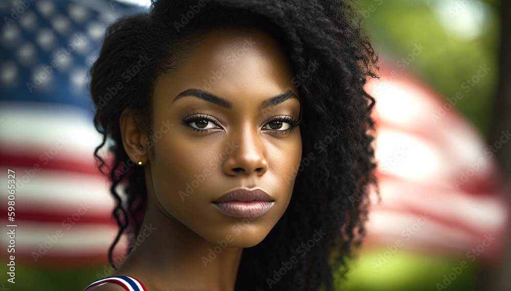 African american curly haired woman with flags in the background, generative ai technology African american curly haired woman with flags in the background, generative ai technology