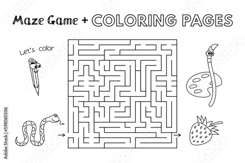 Cartoon snake maze game. Vector coloring book pages for children