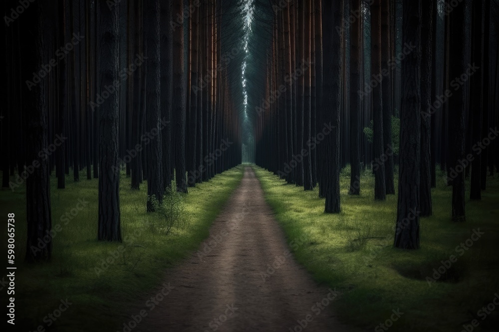 scenic dirt road winding through a lush forest. Generative AI Generative AI