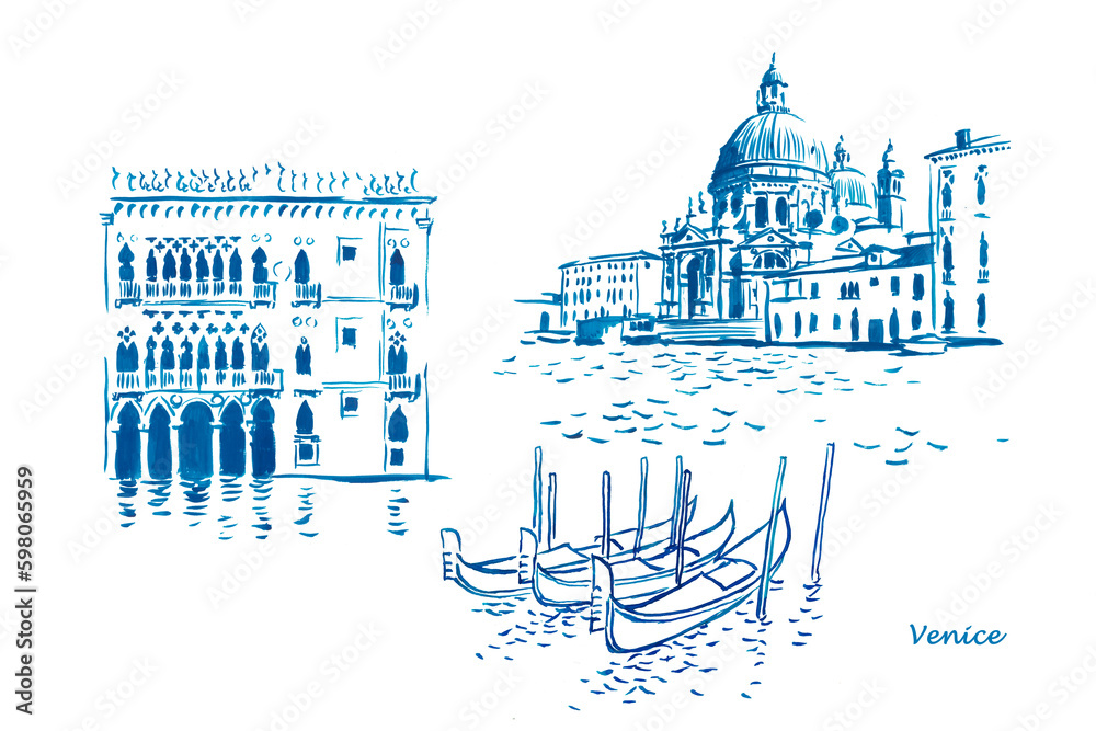 Venice, Italy, travel  , tourism , Santa Maria della Salute , Ca' d'Oro , gondola,  sketch , architectural monuments, italian seaside 