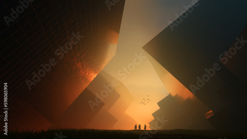 3d rendering sci-fi abstact natural city scene with human and flock of bird.