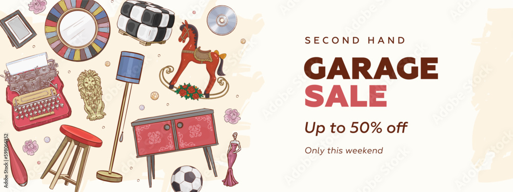 Garage promotional sale horizontal banner or flyer template with hand drawn vintage furniture and interior design elements. Garage sale concept vector illustration Garage promotional sale horizontal banner or flyer template with hand drawn vintage furniture and interior design elements. Garage sale concept vector illustration