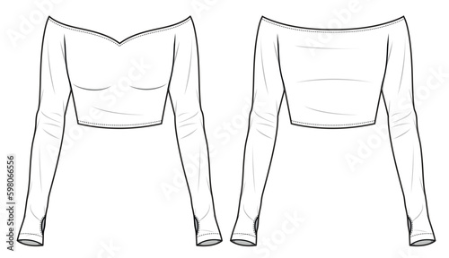 Off-shoulder tops front and back view technical flat sketch template