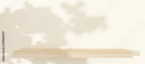 Wooden shelves two floors luxury product shelves tree reflections from sunlight interior design background 3d illustration