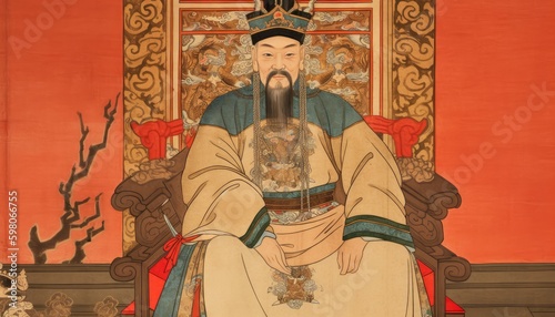 Old chinese drawing of a king sitting on a throne ai, ai generative, illustration photo
