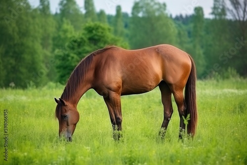 A brown horse grazing on a green meadow © Dan