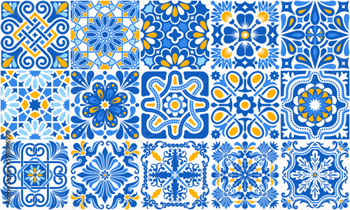 Azulejo mosaic tiles, blue, white, yellow colors square patterns with floral motifs. Mediterranean, Portuguese, Spanish traditional vintage ceramic tilework. Arabesque ornament with flowers. Vector