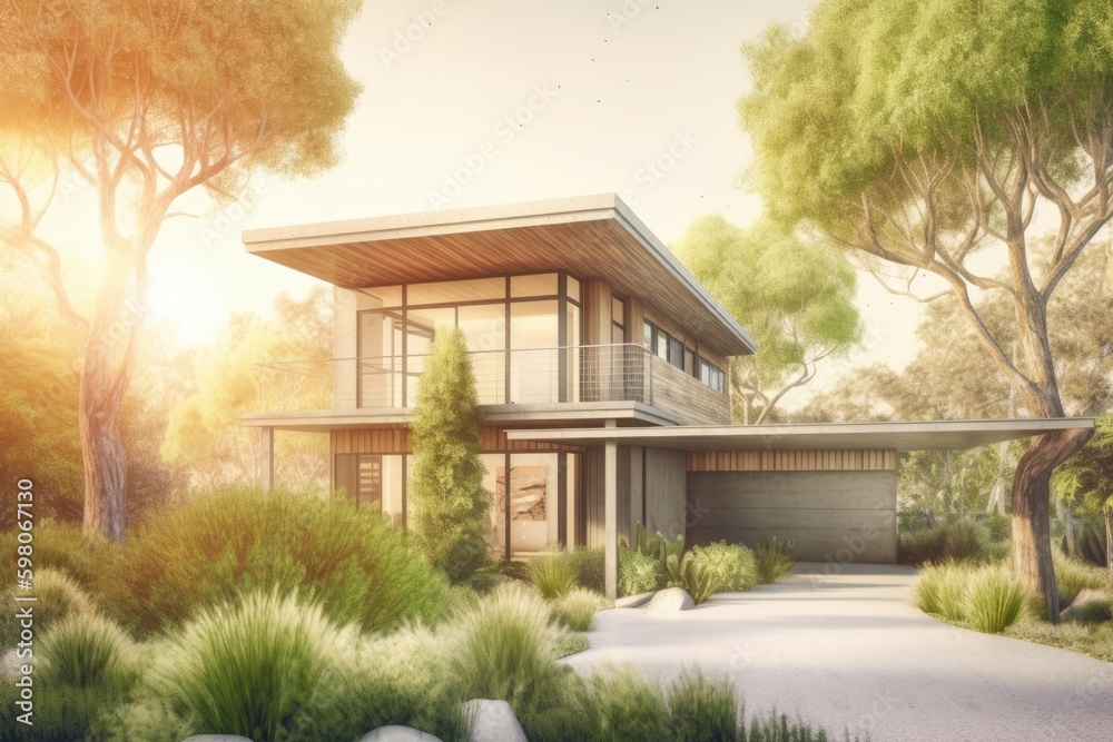 contemporary house nestled in a forest setting. Generative AI Generative AI