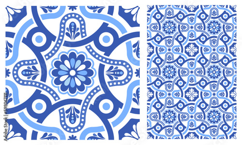 Azulejo mosaic tiles, square patterns with floral motifs, in blue and white colors. Mediterranean, Portuguese, Spanish traditional vintage ceramic tilework. Arabesque ornament with flowers. Vector