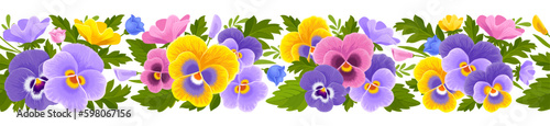 Border with seamless pattern with bright multicolor pansy flowers, buds and leaves isolated on a white background. Detailed botanical drawing in cartoon style. Vector illustration