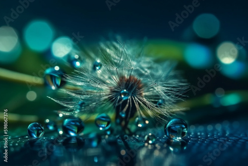 Dandelion Seeds in droplets of water on blue and turquoise beautiful background with soft focus in nature macro. Drops of dew sparkle on dandelion in rays of light. Created using generative AI.