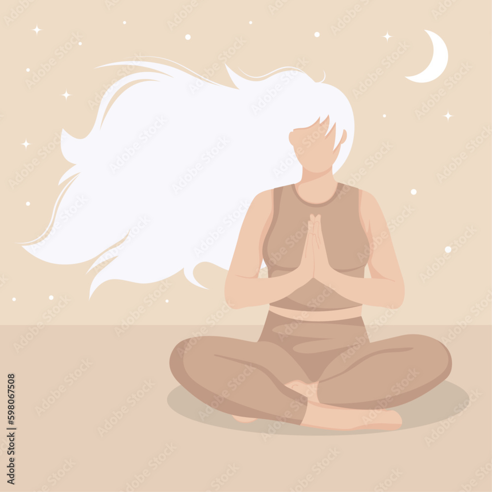 Girl with long white hair doing yoga. Boho colors background.