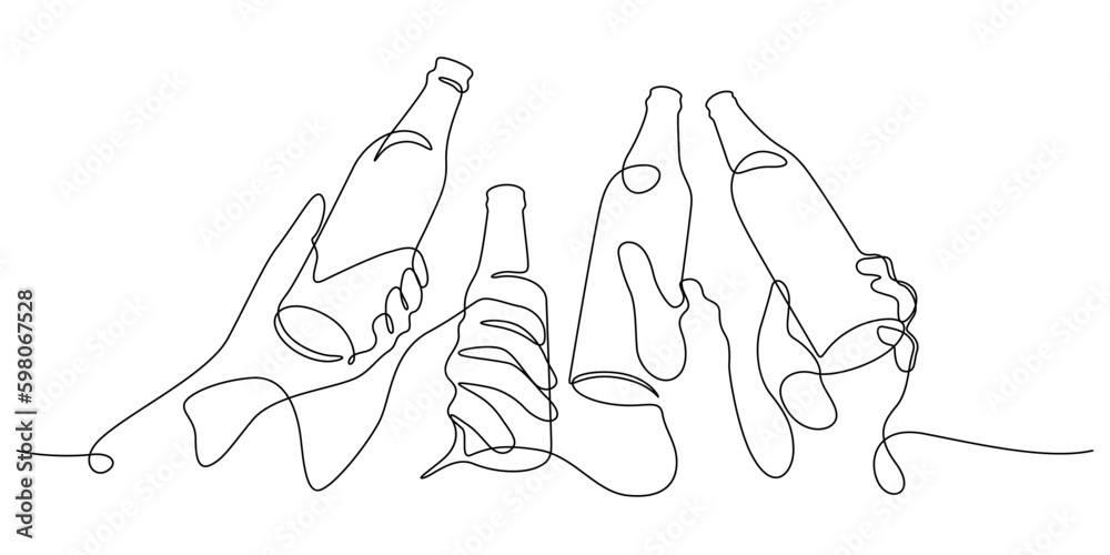 beer clinking toasting with bottles in celebration party one line - obrazy, fototapety, plakaty 
