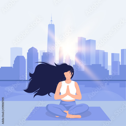 Woman doing yoga on open air. Mental health awareness month banner template