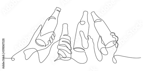 beer clinking toasting with bottles in celebration party one line