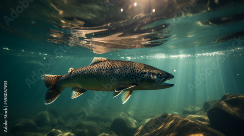 Brown trout, underwater photo, preparing for spawning in its natural river habitat, shallow depth of field, Illustrative Generative AI photo