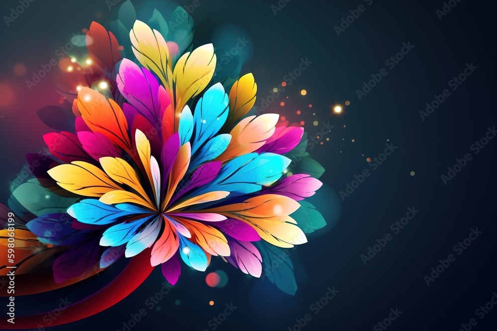 Beautiful abstract colorful floral design on dark blue background. Generative ai.