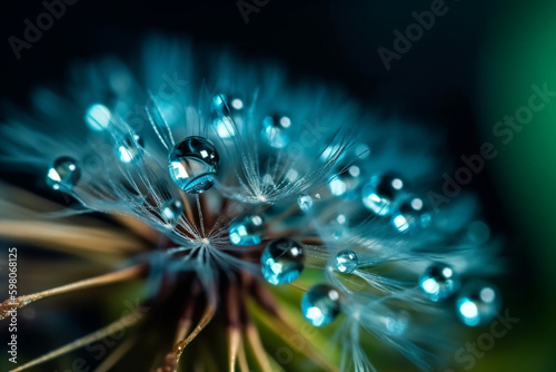 Dandelion Seeds in droplets of water on blue and turquoise beautiful background with soft focus in nature macro. Drops of dew sparkle on dandelion in rays of light. Created using generative AI. © hermes