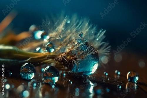 Dandelion Seeds in droplets of water on blue and turquoise beautiful background with soft focus in nature macro. Drops of dew sparkle on dandelion in rays of light. Created using generative AI. © hermes