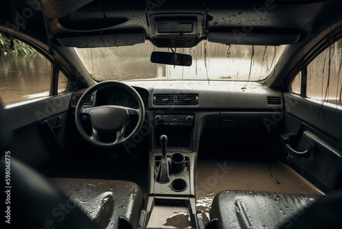 The interior of a car flooded with water. Car insurance concept. Generative ai Generative AI © ink drop