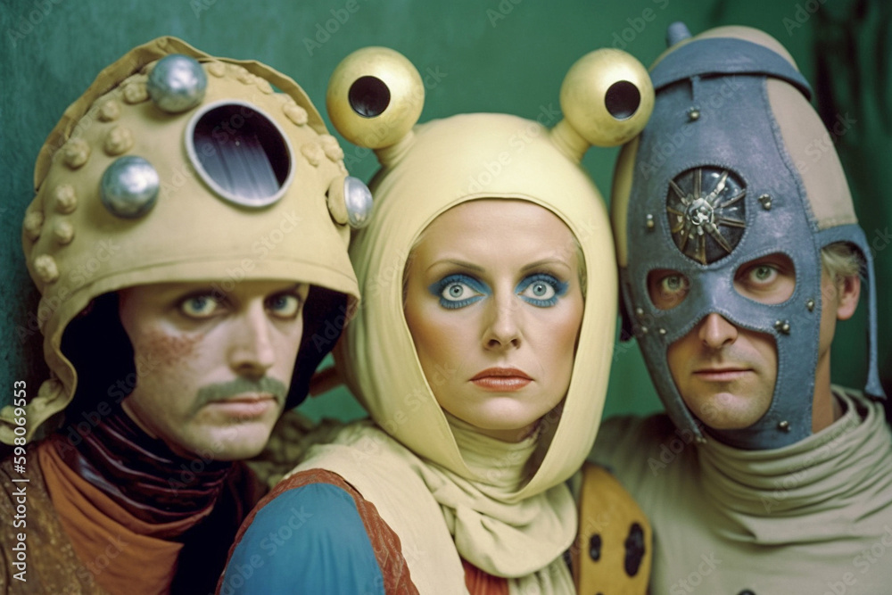 Obraz premium Actors wearing cheesy sci fi costumes from outer space for a retro science fiction television show or movie. Big makeup, helmet, space suit. generative AI