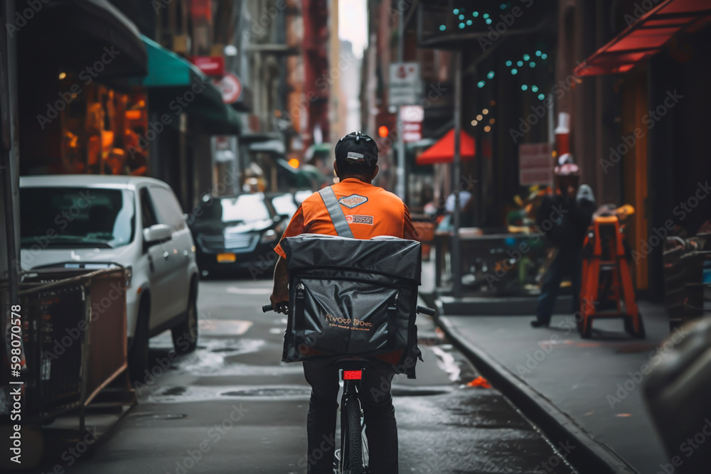 Deliveryman on Bicycle, back view. Courier on Bicycle in New York City. Delivery service, Deliveryman in uniform deliver order to customer.