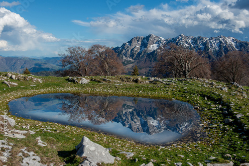 Pond where the snow-capped mountains are reflected