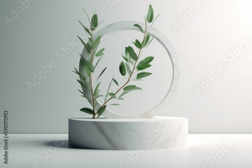 White podium display for product advertising. cosmetic product stand with green leafes decoration. abstract minimal advertise. white background generative ai illustration