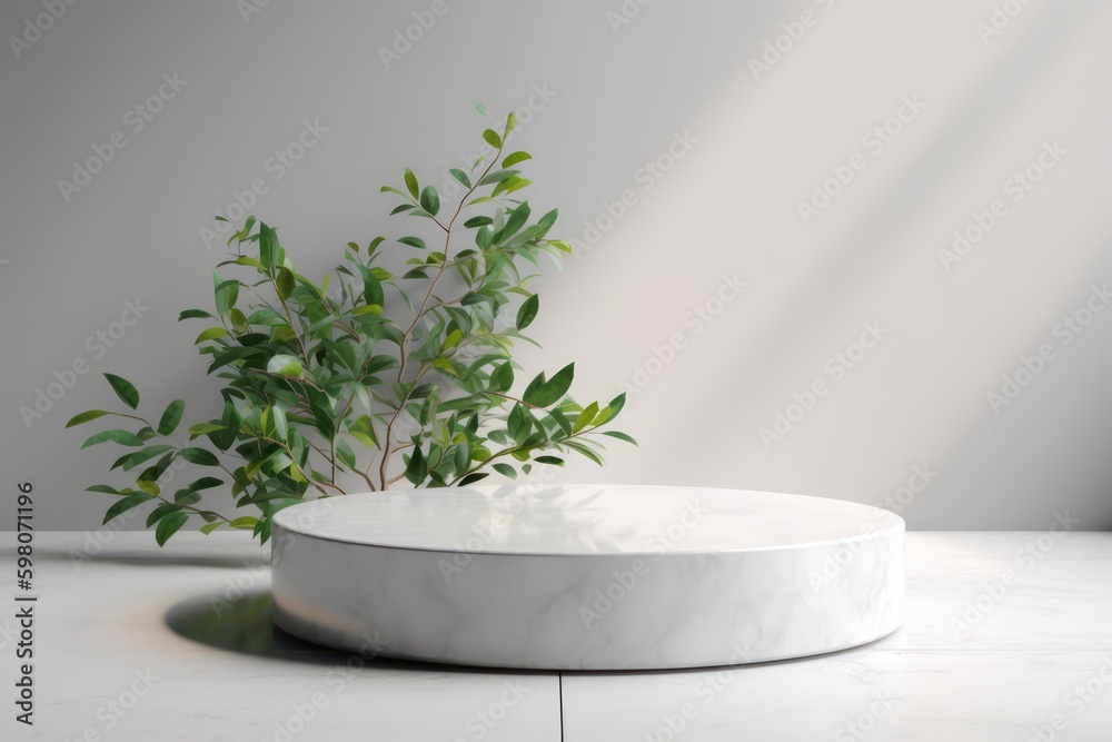 White podium display for product advertising. cosmetic product stand with green leafes decoration. abstract minimal advertise. white background generative ai illustration White podium display for product advertising. cosmetic product stand with green leafes decoration. abstract minimal advertise. white background generative ai illustration