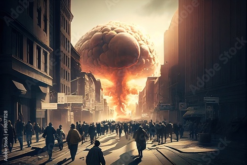 nuclear bomb explosion in the middle of crowded city, with buildings crumbling and people running for their lives, created with generative ai photo